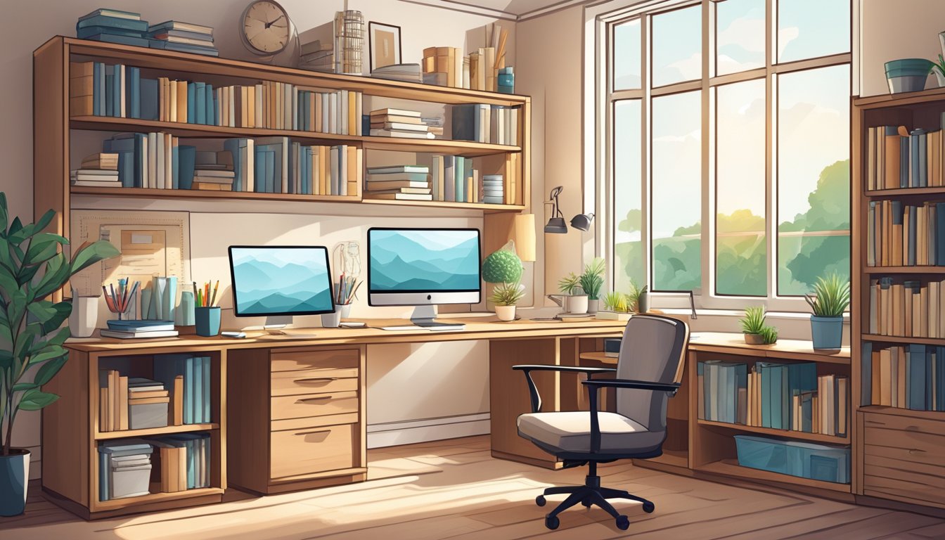 A bright, organized home office with a spacious desk, ergonomic chair, shelves filled with books and decorative items, and a large window providing natural light