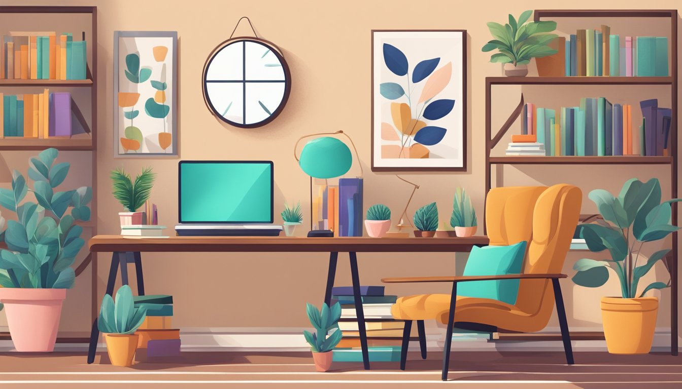 A clutter-free desk with a sleek computer, potted plants, and cozy lighting. A bookshelf filled with colorful books and decorative items. A comfortable chair with a throw pillow