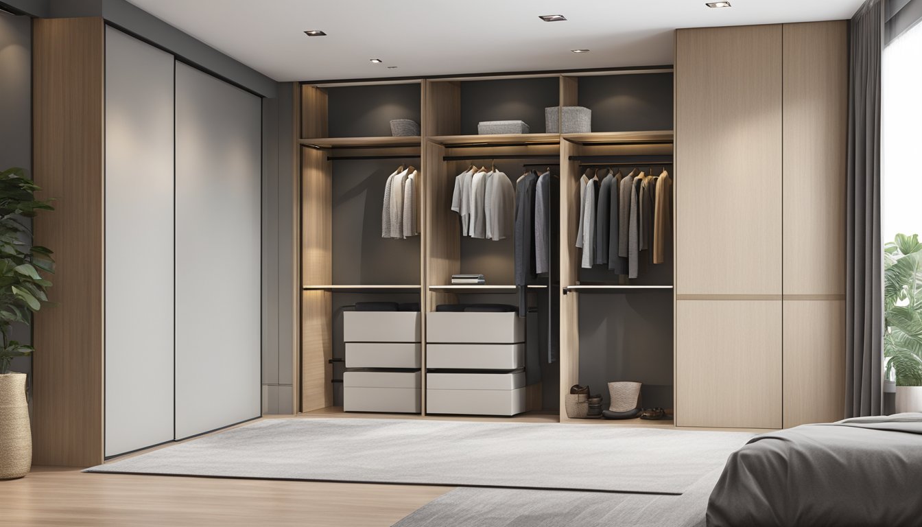 An L-shaped wardrobe stands in a modern Singapore bedroom, with sleek, minimalist design and sliding doors
