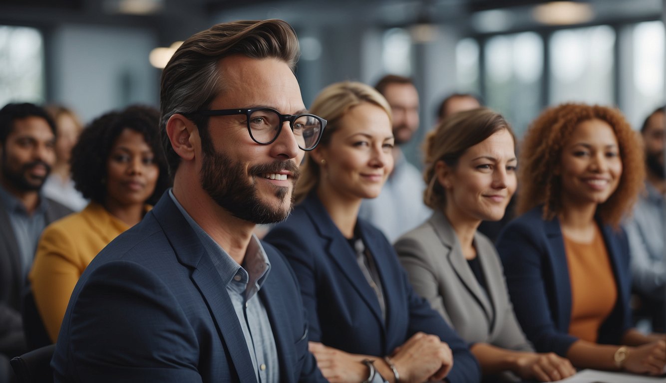 A diverse group of virtual meeting participants engage in active listening and nonverbal communication through attentive eye contact and responsive facial expressions