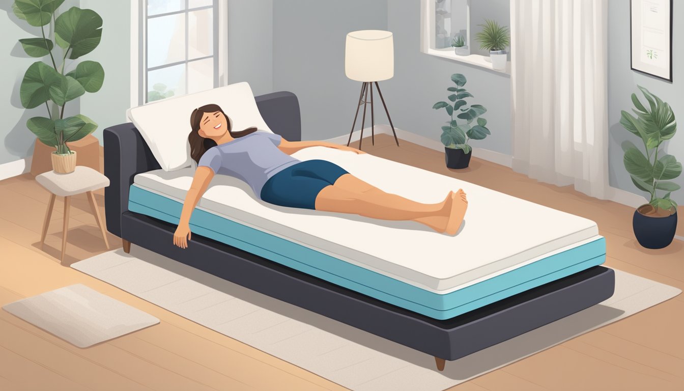 A person lying on a firm mattress with a straight back and relaxed posture, surrounded by various mattress options with different levels of back support