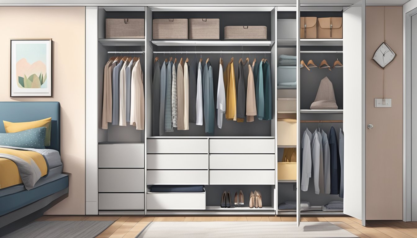 A person opens the doors of an L-shaped wardrobe in a modern Singaporean bedroom, revealing neatly organized shelves and hanging clothes