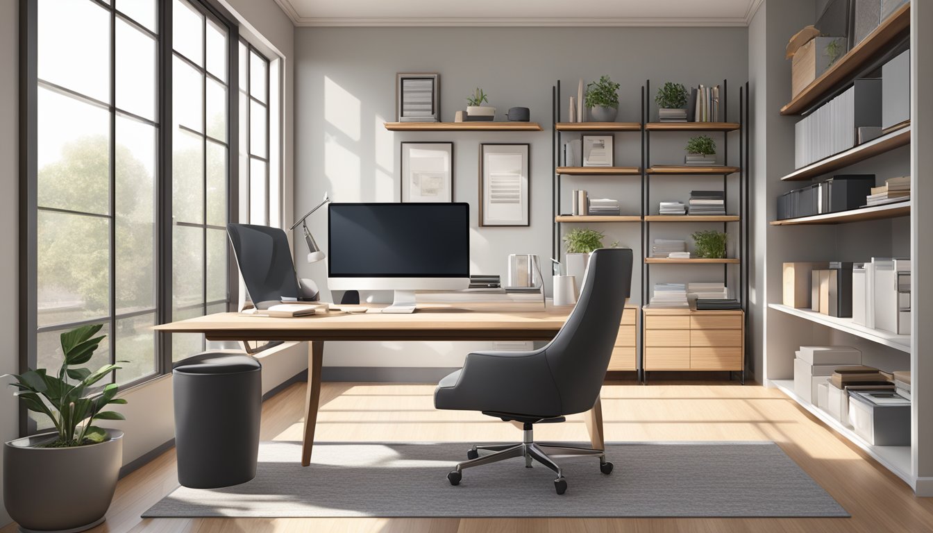 A modern home office with a sleek desk, ergonomic chair, organized shelves, and a large window providing natural light