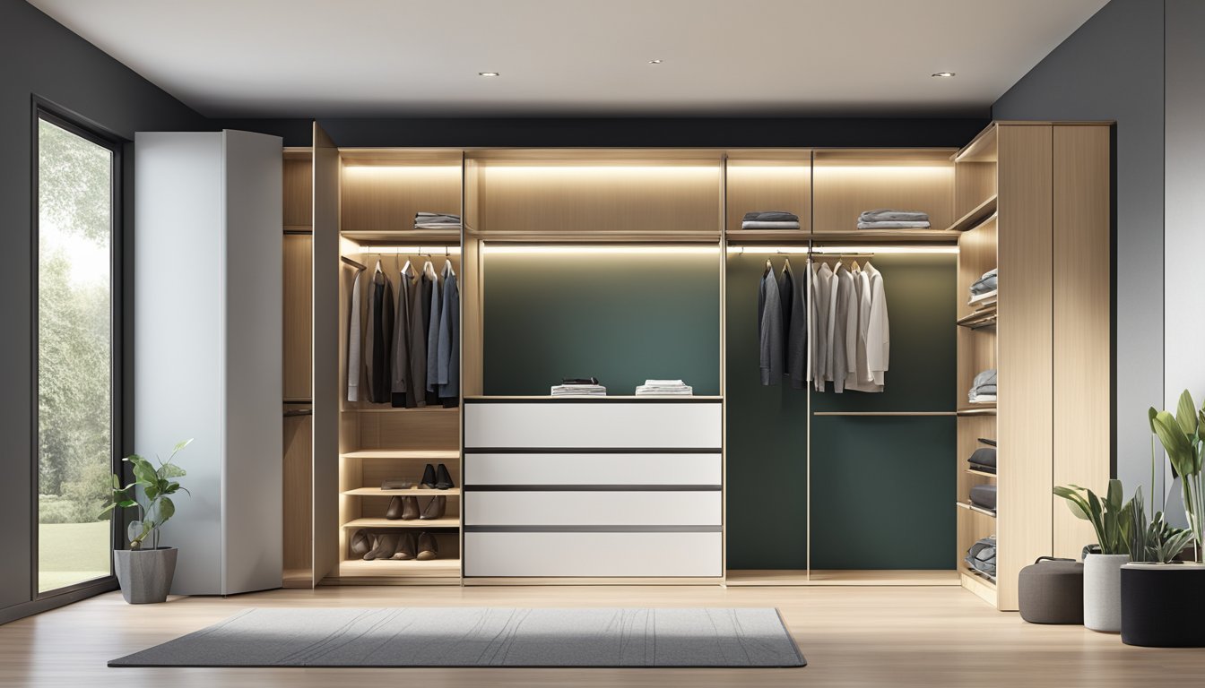 An L-shaped wardrobe with sleek, modern design and ample storage space. Two sections meeting at a right angle, with sliding doors and integrated lighting