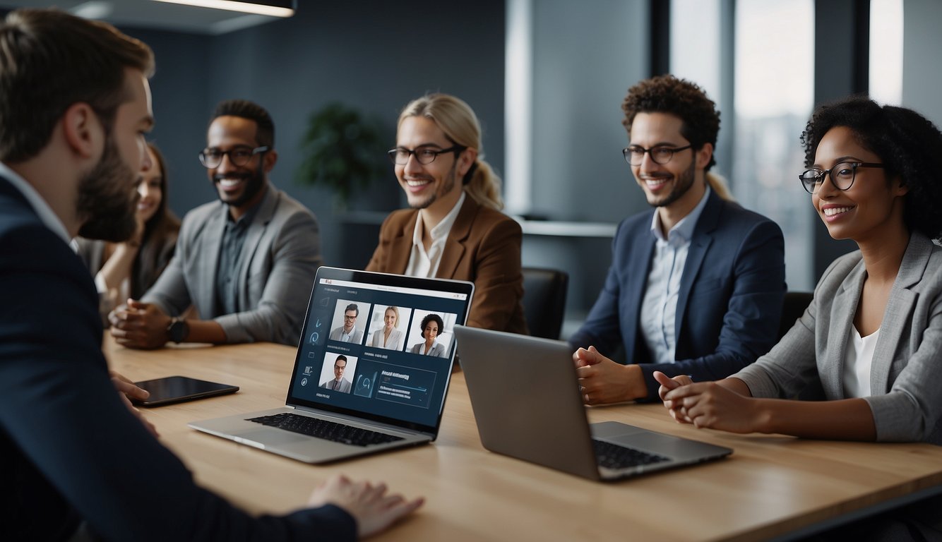 A virtual meeting with diverse participants engaged in active communication. Screens display nonverbal cues and collaborative tools