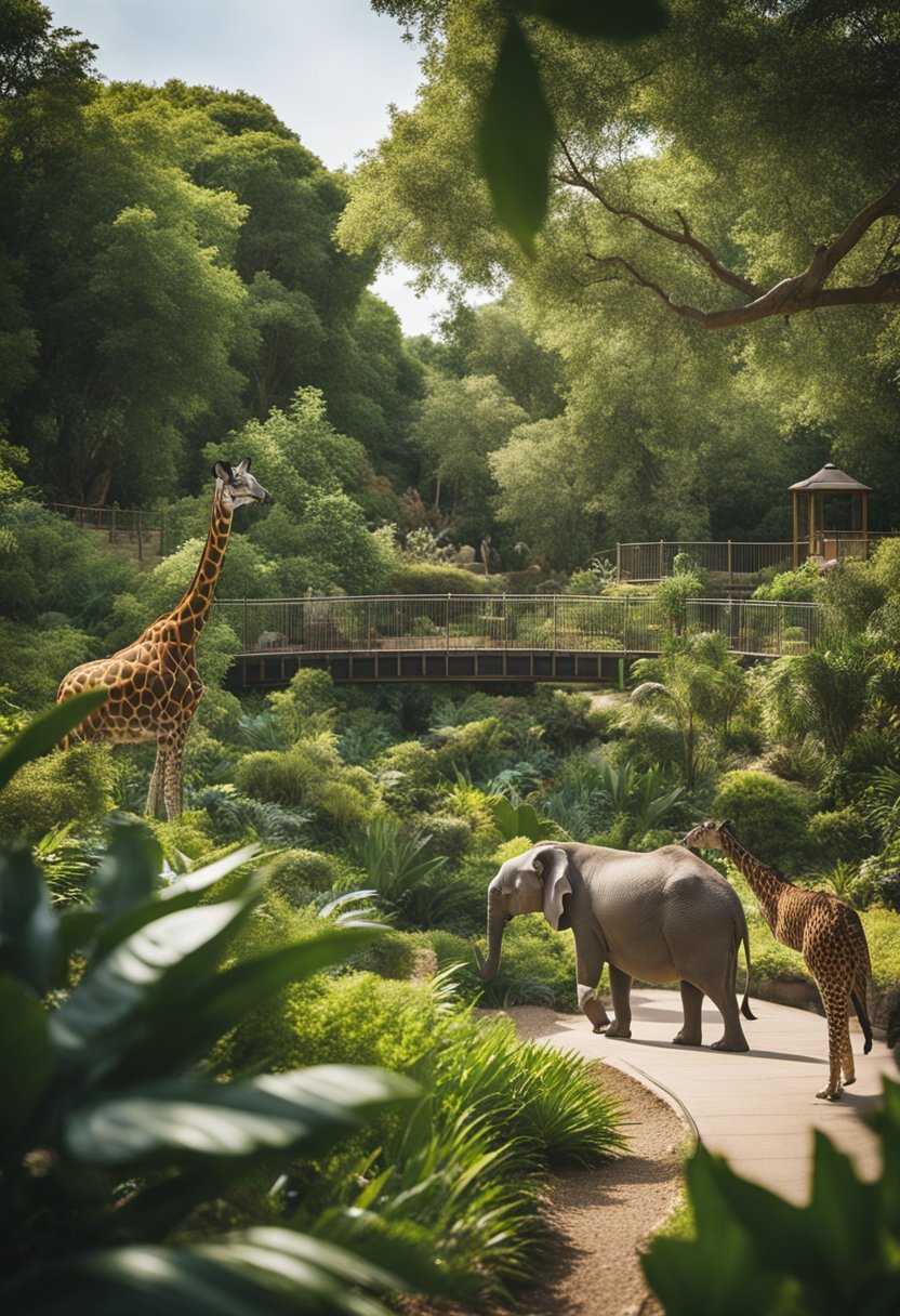 Lush greenery surrounds zoo enclosures, with vibrant animals in naturalistic habitats. Visitors stroll along meandering pathways, captivated by the diverse wildlife