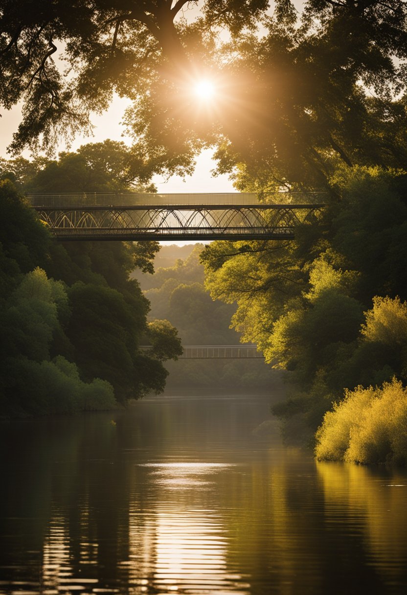 The Waco Suspension Bridge spans the river, with lush greenery on both sides. The sun sets in the distance, casting a warm glow over the scene