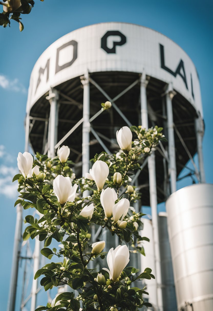 The Magnolia Silos stand tall against a clear blue sky, surrounded by vibrant greenery and bustling with visitors exploring the shops and enjoying the outdoor activities in Waco 2024