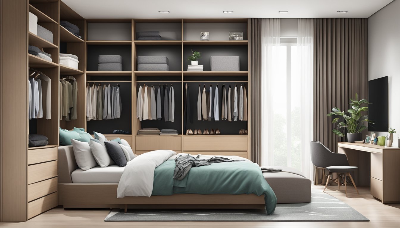 A sleek, modern L-shaped wardrobe in a spacious Singapore bedroom, with organized shelves and drawers