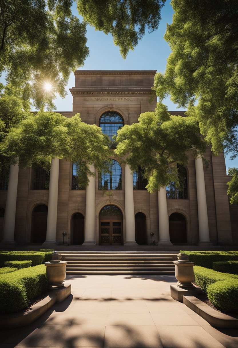 Sunlight illuminates the grand facade of Armstrong Browning Library. Lush greenery surrounds the building, and visitors stroll along the pathways
