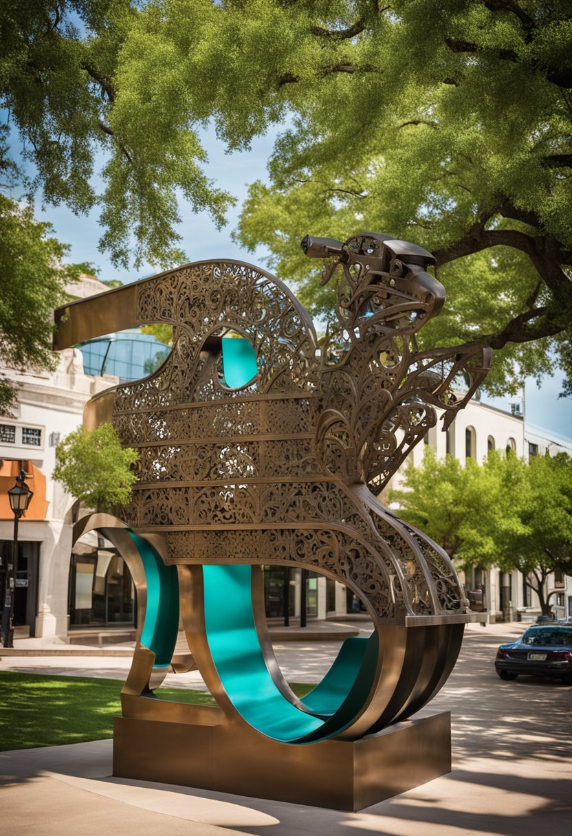 A large metal sculpture of the Brazos River winds through downtown Waco, with vibrant colors and intricate details, capturing the essence of the city's culture and history