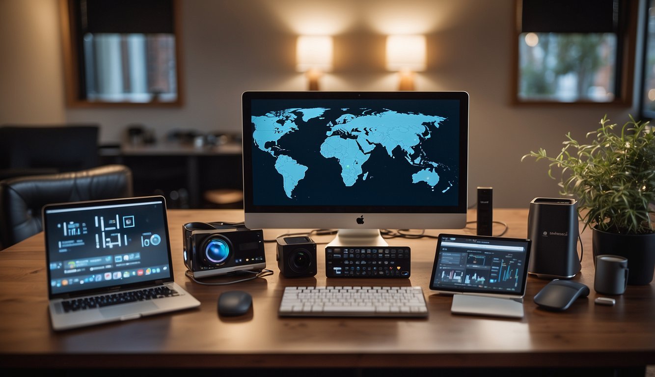 An array of technology devices arranged for virtual meetings, with emphasis on communication psychology