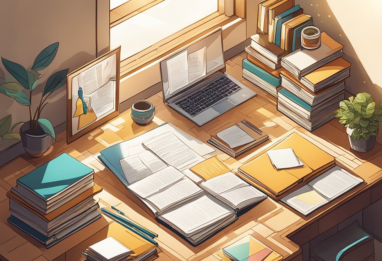 A desk with a pen and paper, surrounded by books and motivational posters. Sunlight streams in through a window, casting a warm glow over the scene