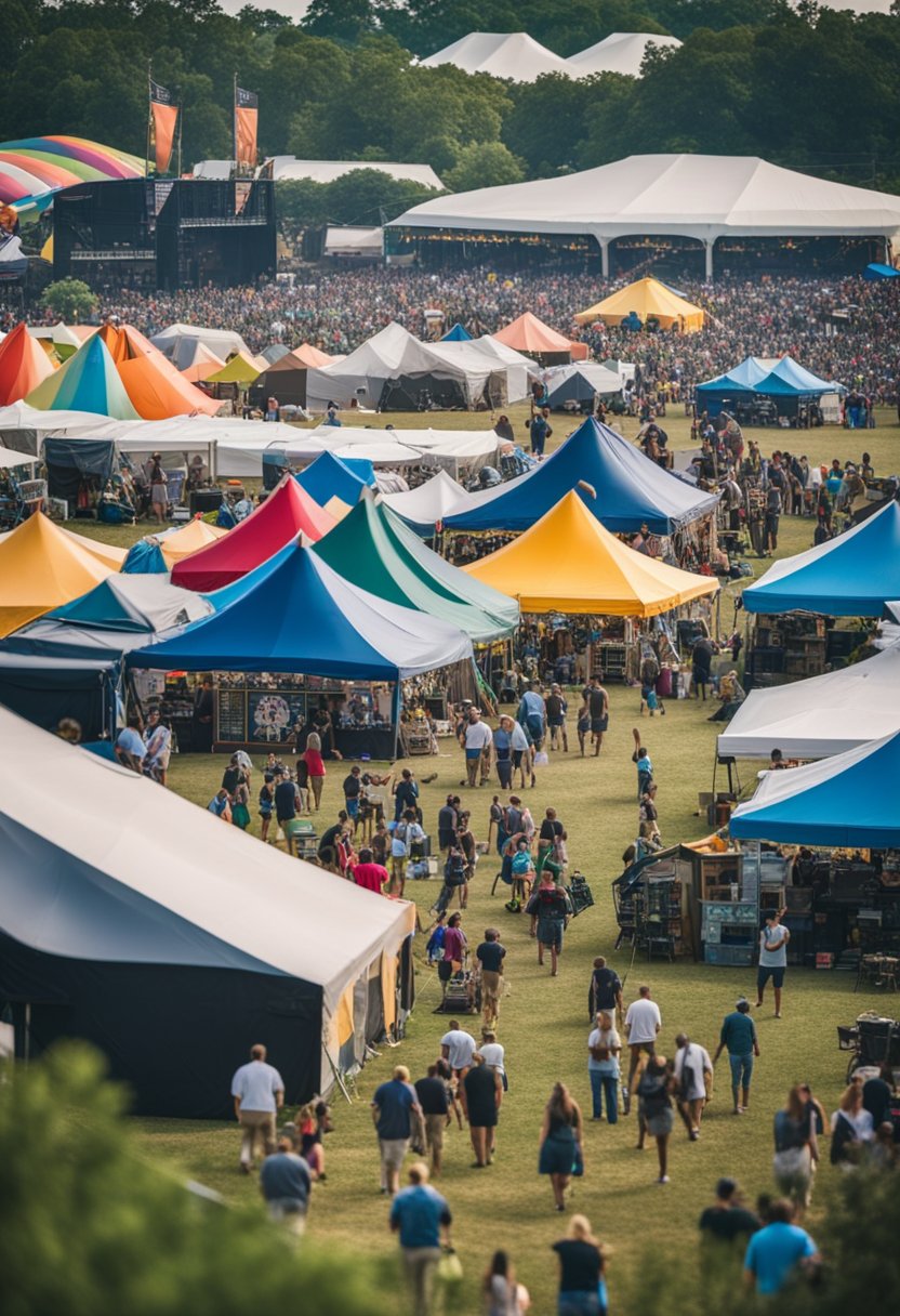 The scene features colorful tents, food vendors, and crowds of people enjoying live music and performances at various major festivals and events in Waco, Texas in 2024