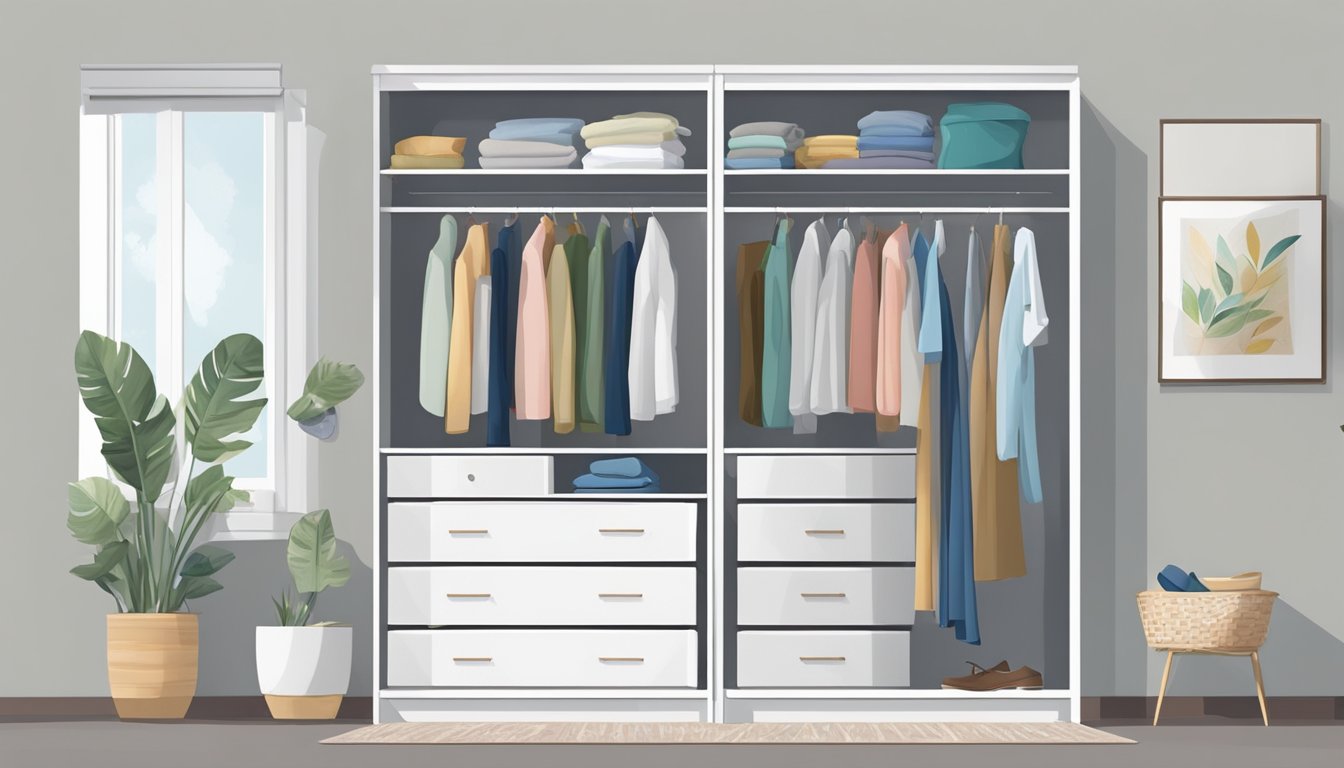 A person dusts and polishes a white wardrobe, arranging clothes neatly inside