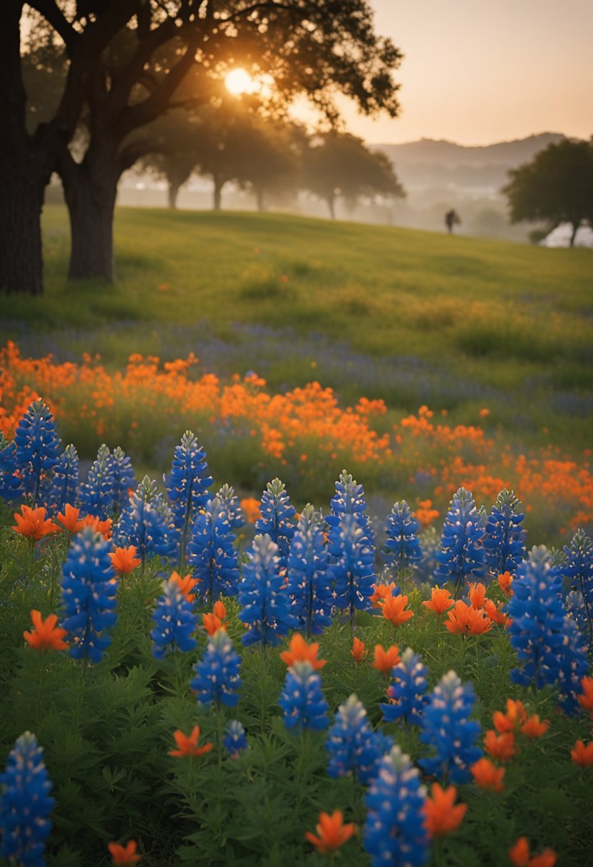 Vibrant bluebonnets and Indian paintbrushes blanket the fields, while a warm sun sets behind silhouetted oak trees. A bustling festival fills the town square with music, food, and laughter