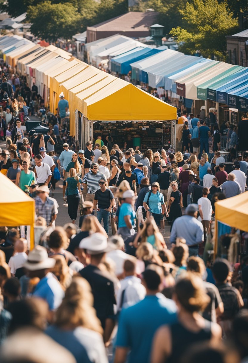 A bustling street fair in Waco, Texas, with colorful tents, live music, and food vendors, all surrounded by enthusiastic crowds
