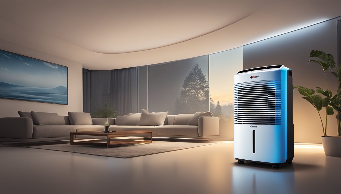 A Europace dehumidifier sits in a dimly lit room, quietly removing moisture from the air. The soft glow of its control panel illuminates the surrounding space