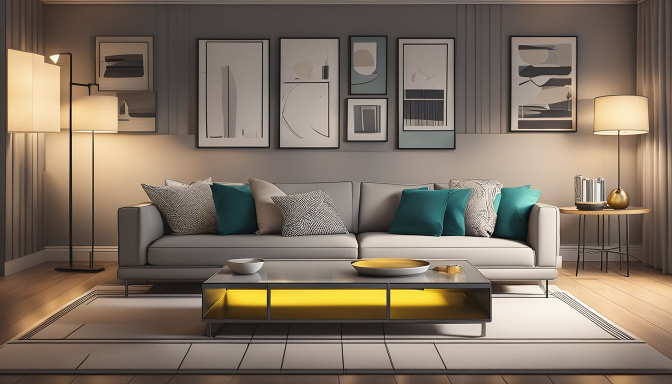 A tape measure lies across a sleek, modern coffee table, measuring its length and width against a backdrop of a cozy living room with a plush sofa and soft lighting