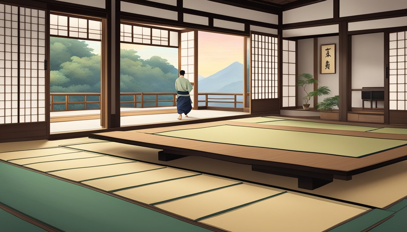 A person walking on tatami mattresses in a traditional Japanese room