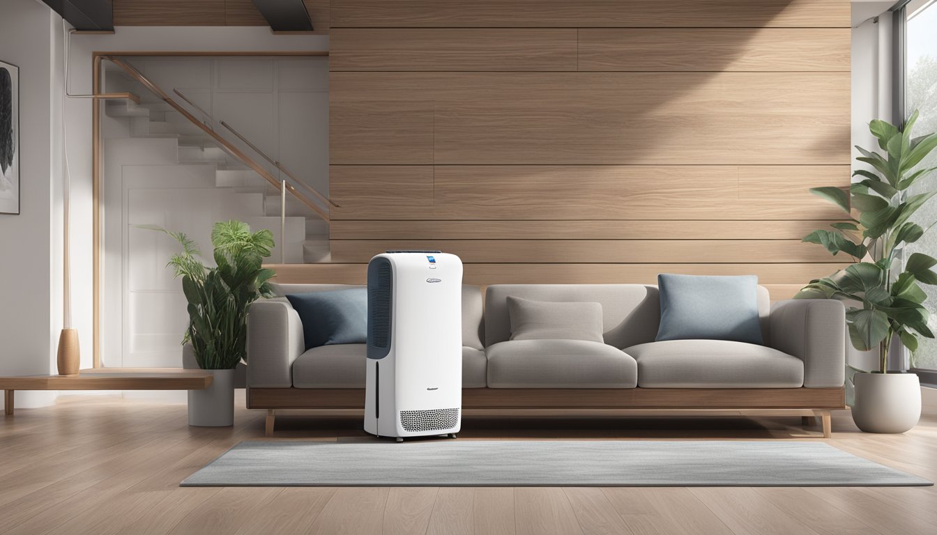 A europace dehumidifier sits in a modern living room, quietly removing moisture from the air. Its sleek design and digital display showcase its advanced features and benefits