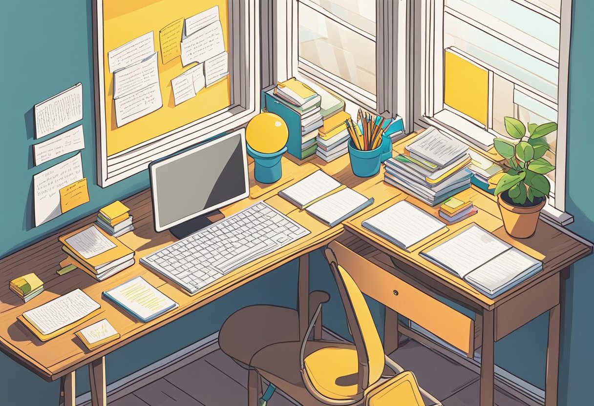 A desk with a pen and notebook, surrounded by motivational quotes on sticky notes and posters. Sunlight streams in through a window, casting a warm glow over the inspirational words