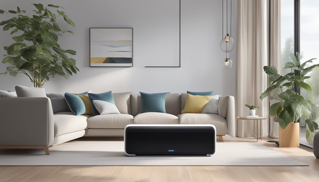 A europace dehumidifier sits in a modern living room, removing moisture from the air. The room feels fresh and comfortable, promoting a healthy and balanced lifestyle