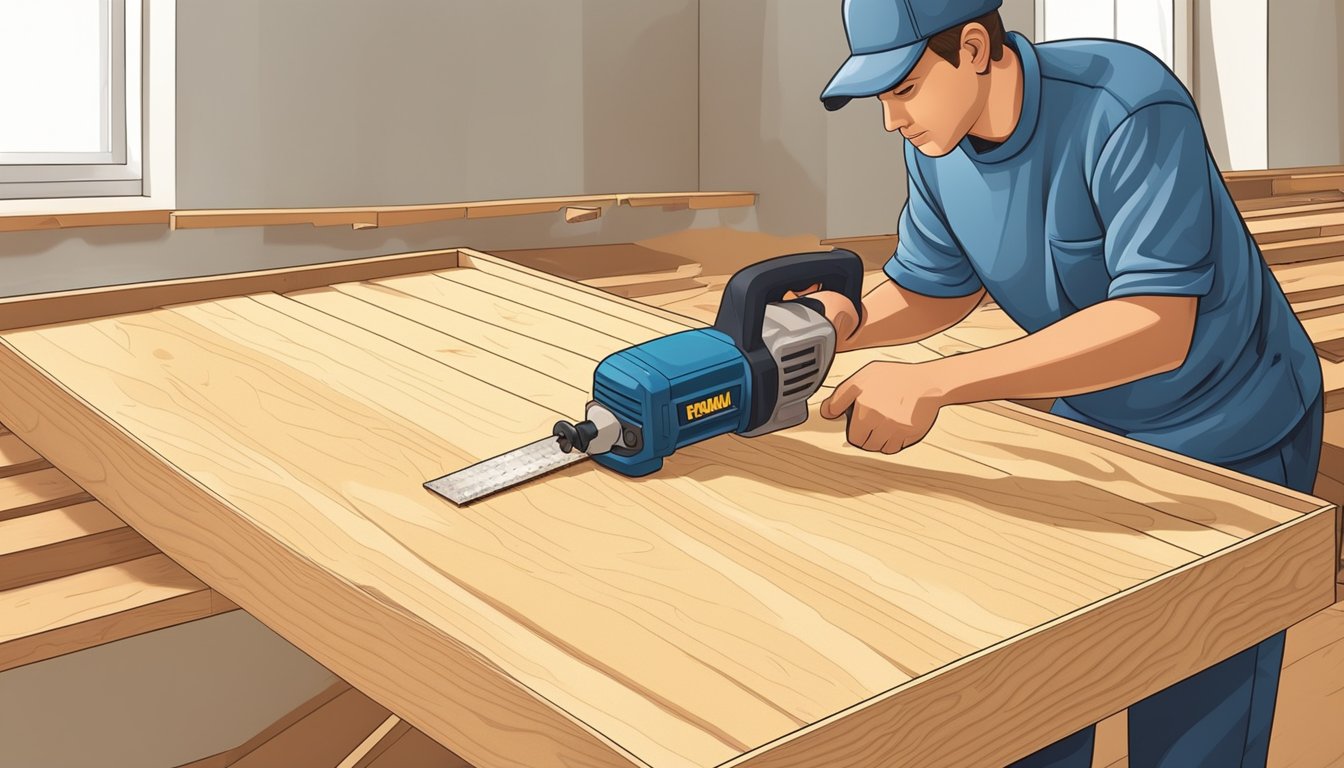 A carpenter measures and cuts wood for a platform bed frame. Sawdust fills the air as pieces are assembled with a drill and screws