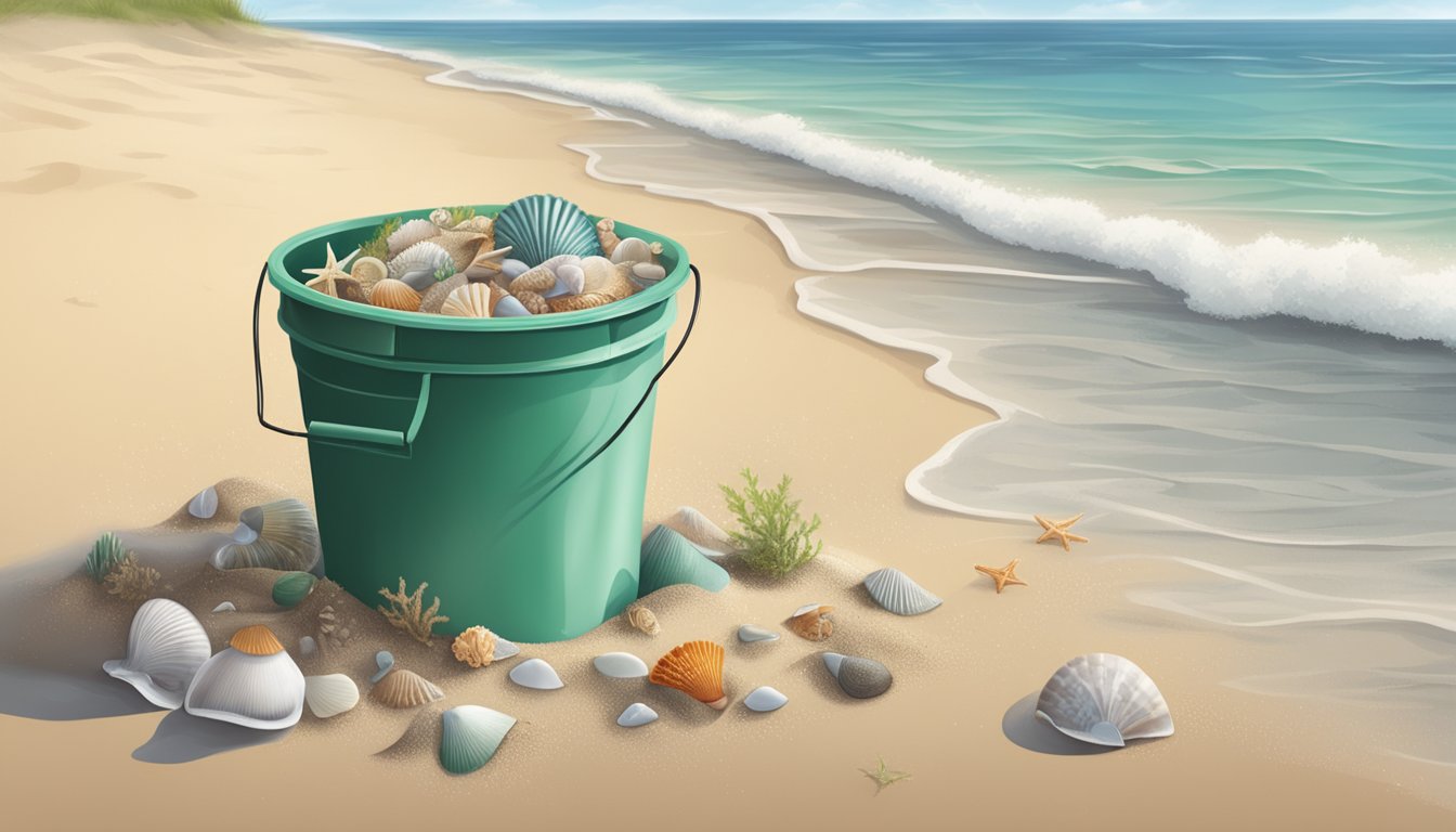 A plastic bucket sits on a sandy beach, half-buried and filled with seashells and seaweed