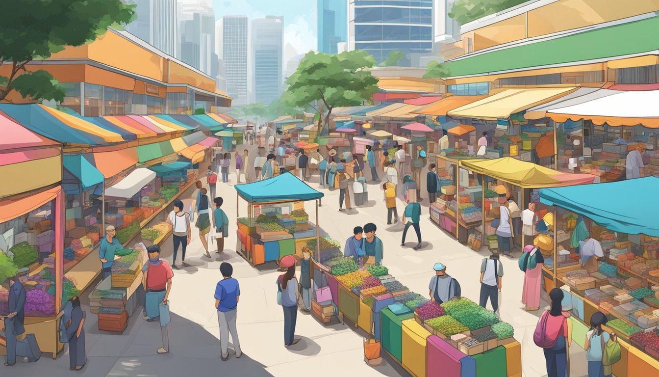 A bustling marketplace with colorful sofas on display, customers and vendors engaging in lively trade in Singapore