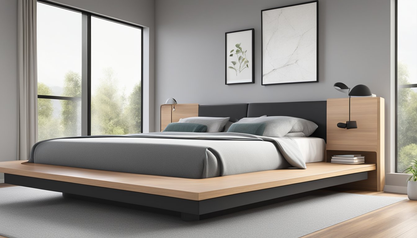 A sleek, modern platform bed with clean lines and a low profile. The bed features a simple, minimalist design with a sturdy wooden frame and a low, flat base