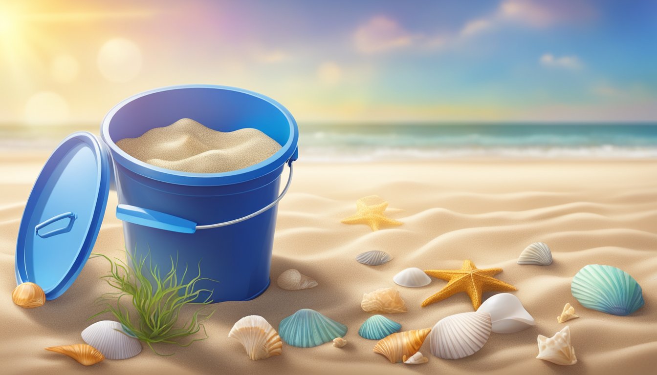 A plastic bucket sits on a sandy beach, surrounded by seashells and seaweed, under a bright sun