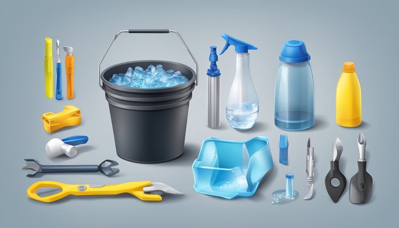 A plastic bucket filled with water and surrounded by various tools and materials for practical applications and innovations