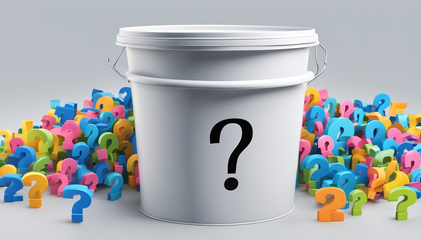 A plastic bucket surrounded by question marks, with a "Frequently Asked Questions" label on the side