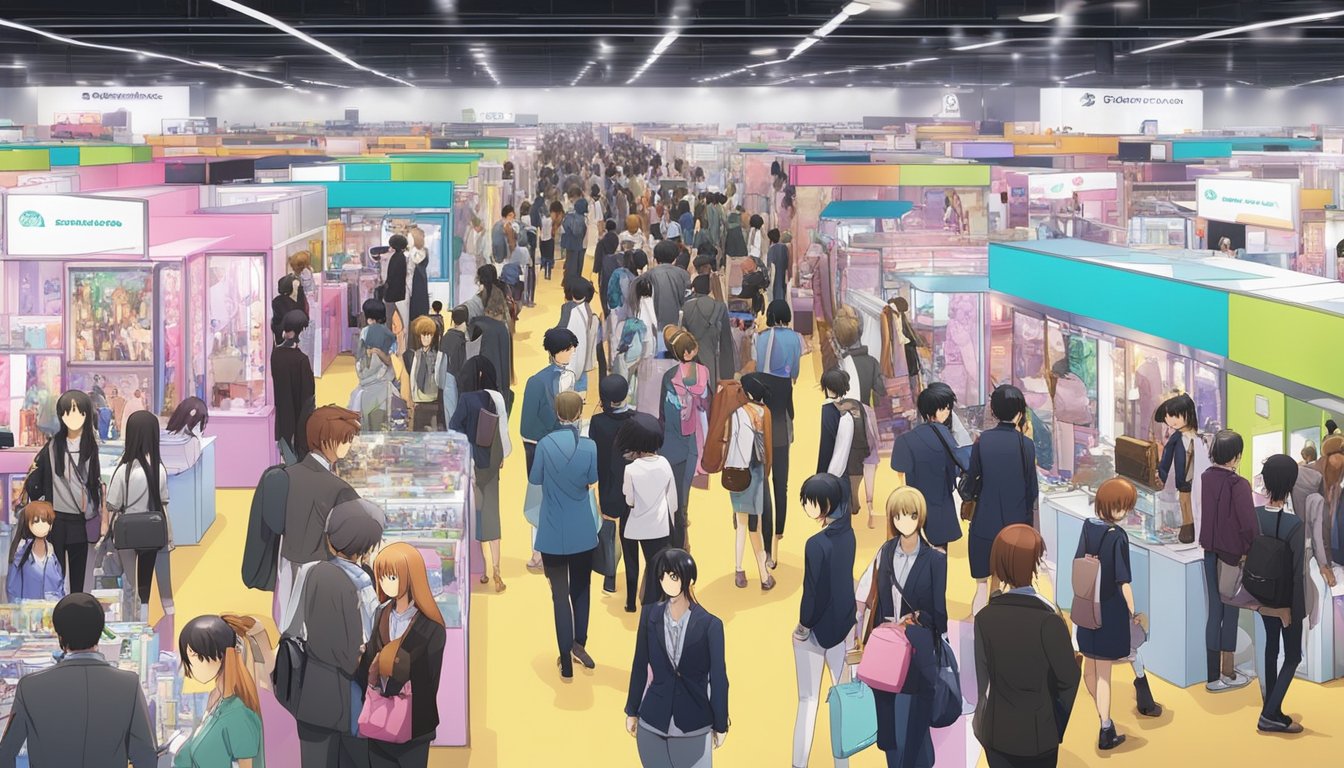 A bustling trade show floor filled with colorful booths showcasing the latest advancements in sex doll technology. Visitors eagerly engage with exhibitors, exchanging information and exploring the innovative products on display