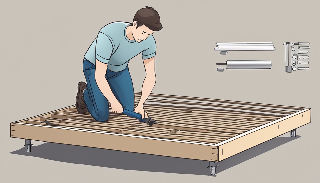 A person assembling a platform bed frame with a screwdriver and following step-by-step instructions from a manual. The bed frame is made of wood and metal, with slats for support