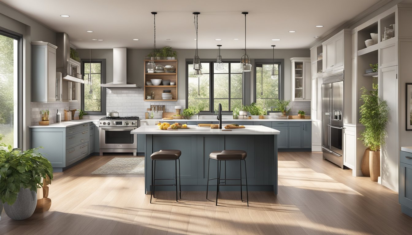 A spacious kitchen with an island, modern appliances, and natural light pouring in through large windows