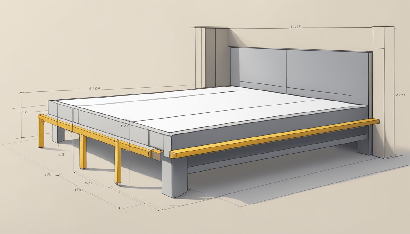 A platform bed with clean lines and a minimalist design, set against a neutral backdrop. A tape measure and pencil lie nearby, indicating the process of construction