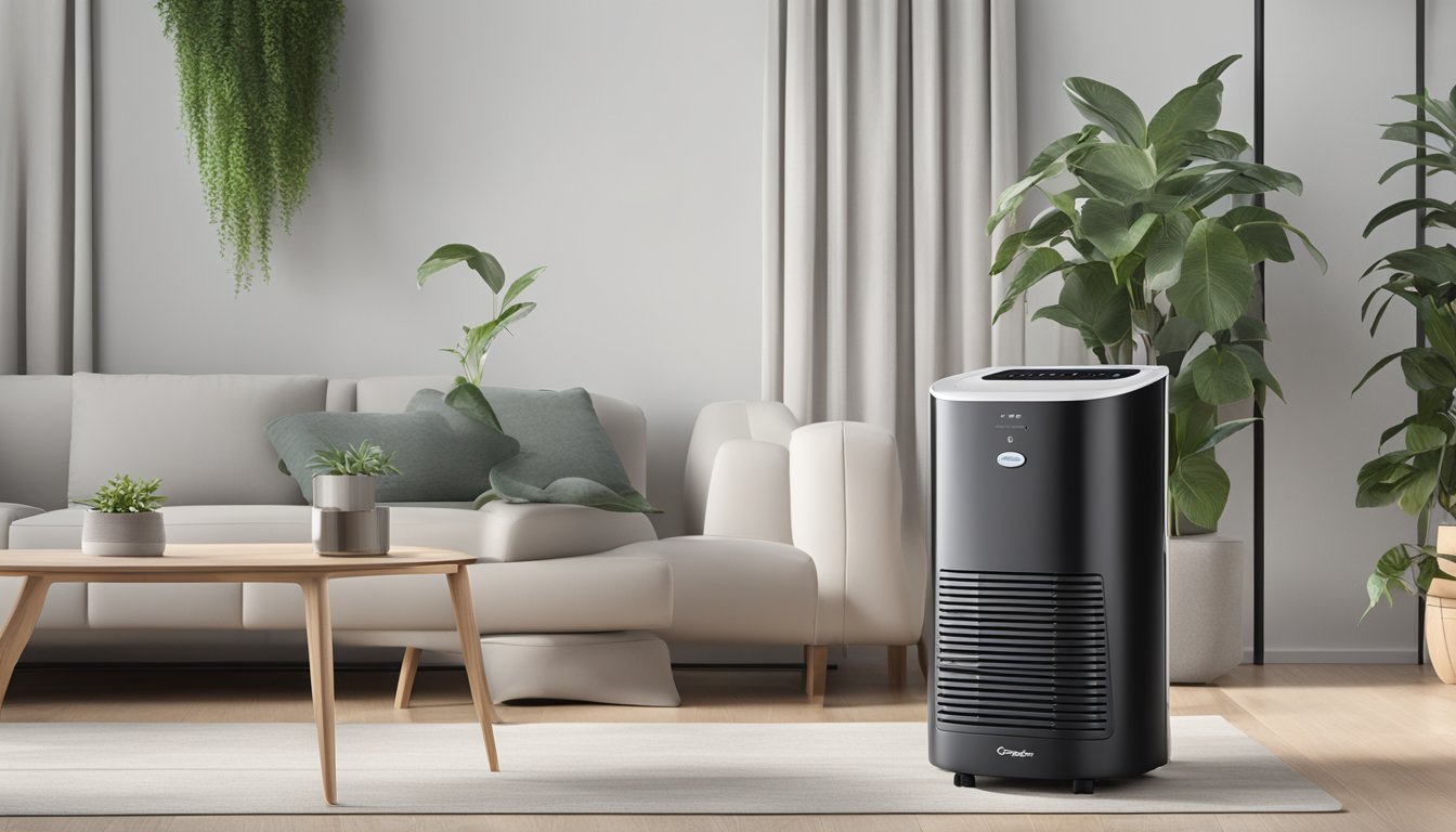 A europace dehumidifier stands in a modern living room, surrounded by furniture and plants. The device is sleek and compact, with digital controls and a visible water tank