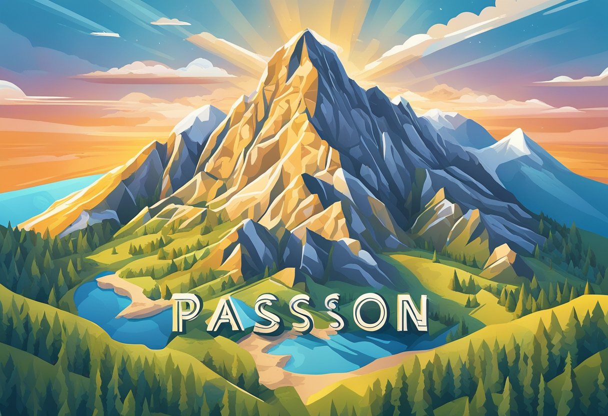 A bright sunrise over a mountain peak with the words "passion" and "motivation" carved into the rock face
