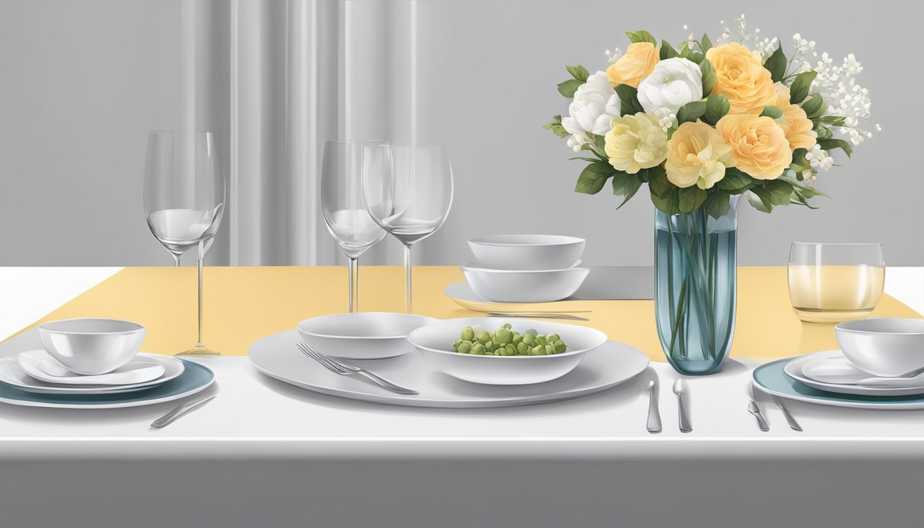 A modern table with sleek lines and a minimalist design, adorned with a centerpiece of fresh flowers and elegant tableware