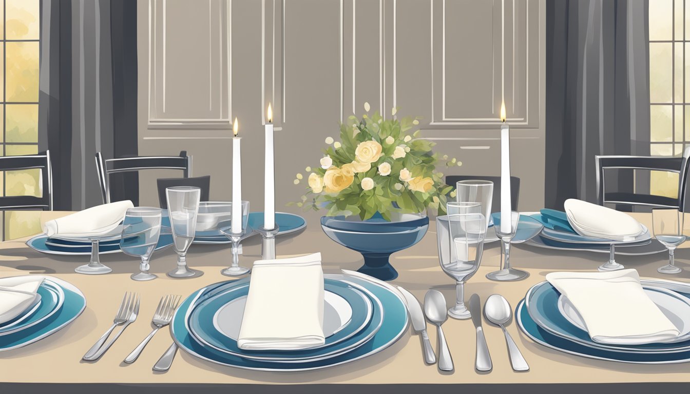 A well-organized table with layered place settings, elegant centerpieces, and coordinated linens