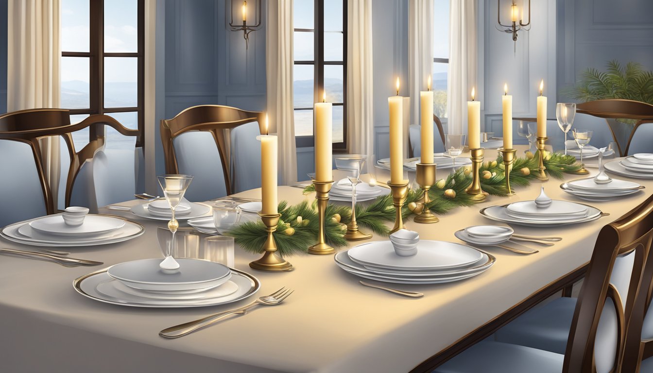 A long dining table set with elegant dinnerware and lit candles