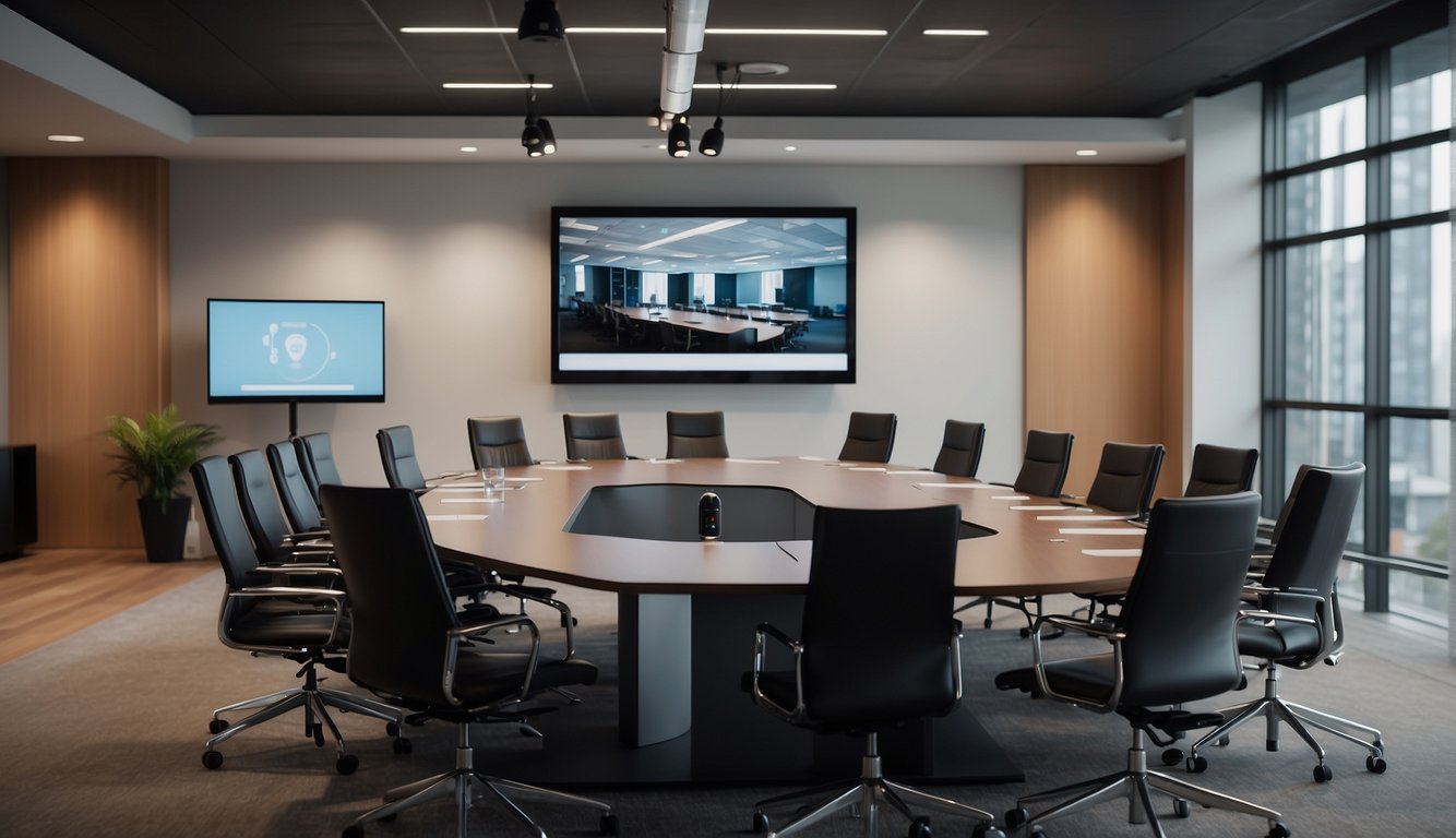 A modern, well-lit conference room with a large screen displaying a virtual meeting platform. Laptops and tablets are scattered around the table, and a sleek video conferencing camera is positioned at the center