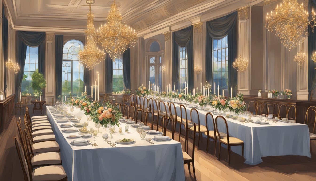 Long dining tables stretch across a grand hall, adorned with elegant place settings and flickering candlelight