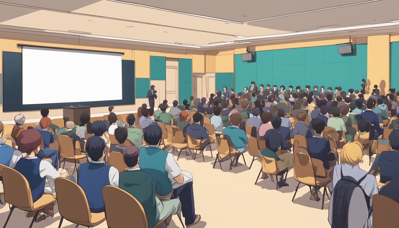 A crowded room with rows of chairs facing a stage. A projector screen displays the title "Advancing Educational Quality and Effectiveness Workshops and Educational Seminars." A speaker stands at the podium