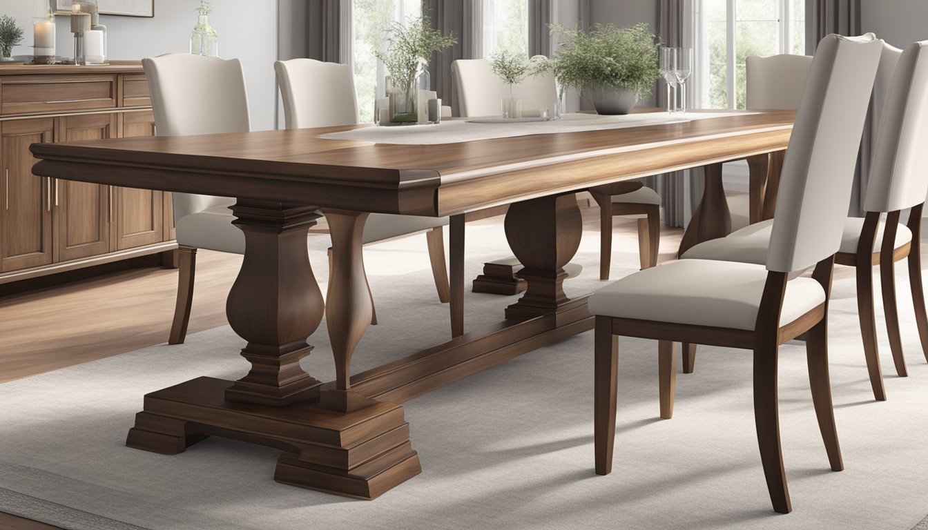 A long wooden dining table is being purchased and delivered, then carefully assembled and polished for a luxurious finish