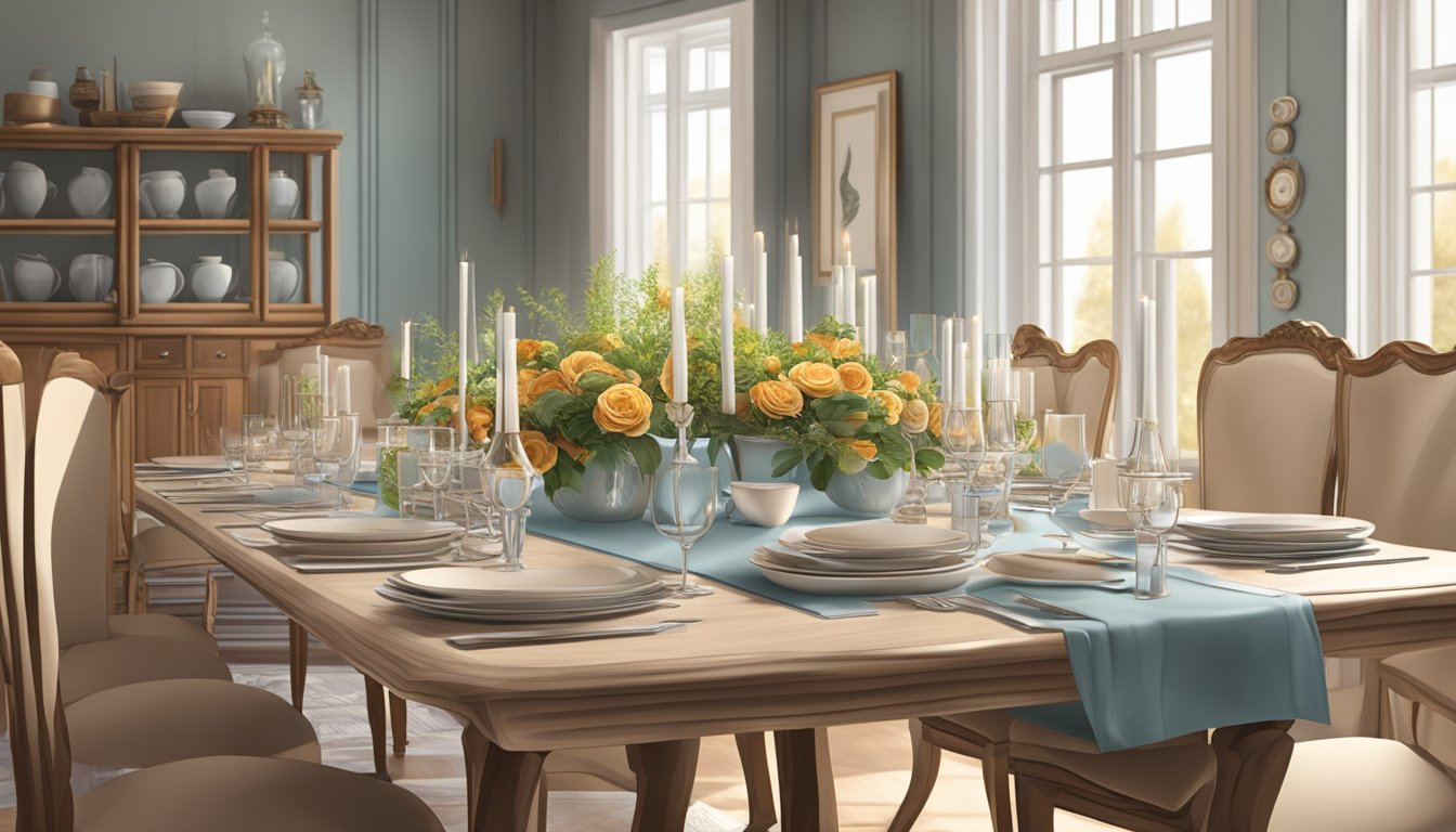 A long dining table with chairs, set with elegant tableware and surrounded by a warm, inviting atmosphere