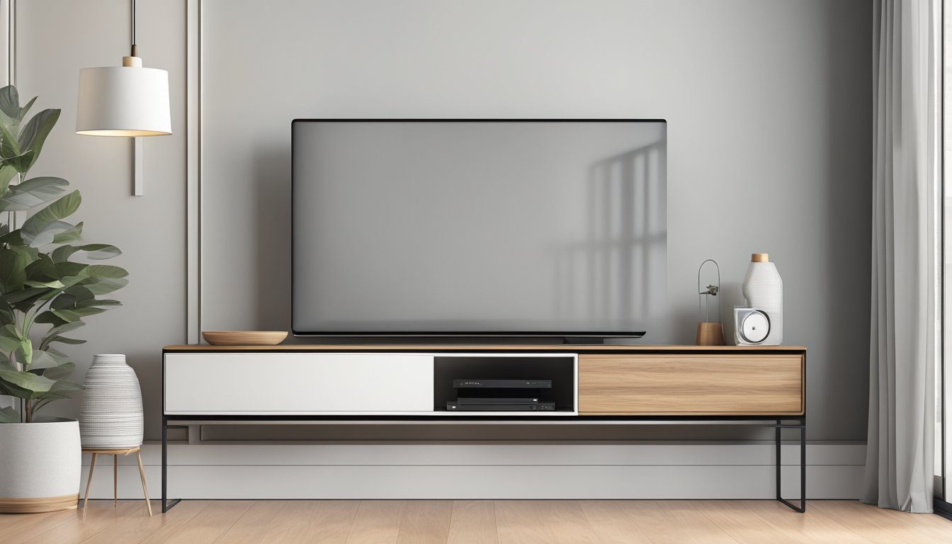 A sleek, modern TV console with clean lines and built-in storage. A minimalist design with a mix of wood and metal materials