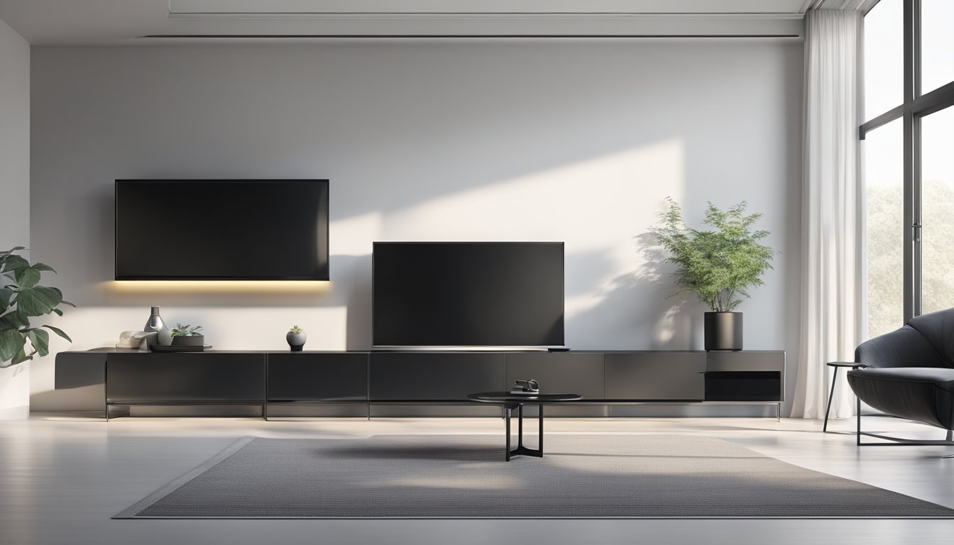 A modern TV console made of sleek black glass and metal, with clean lines and minimalist design, sits against a white wall in a spacious, well-lit living room